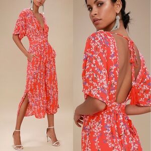 Moon River Fiore Coral Red Floral Silky Jumpsuit